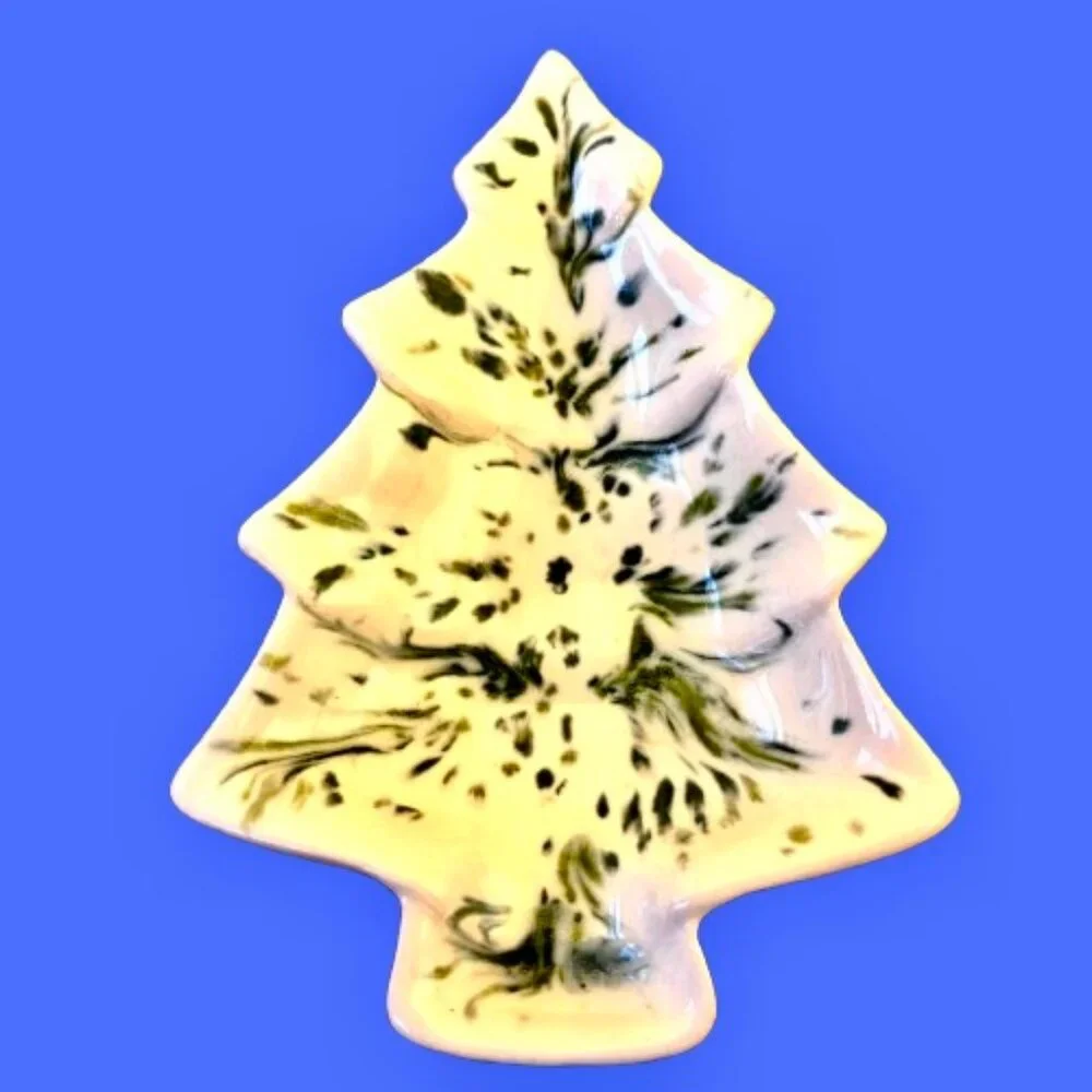Vintage 70''s Ceramic Christmas Tree Speckled Splatter Candy Dish Trinket Small